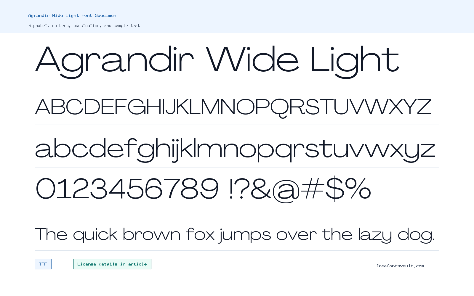 Agrandir Wide Light font specimen showing alphabet, numbers, and sample text