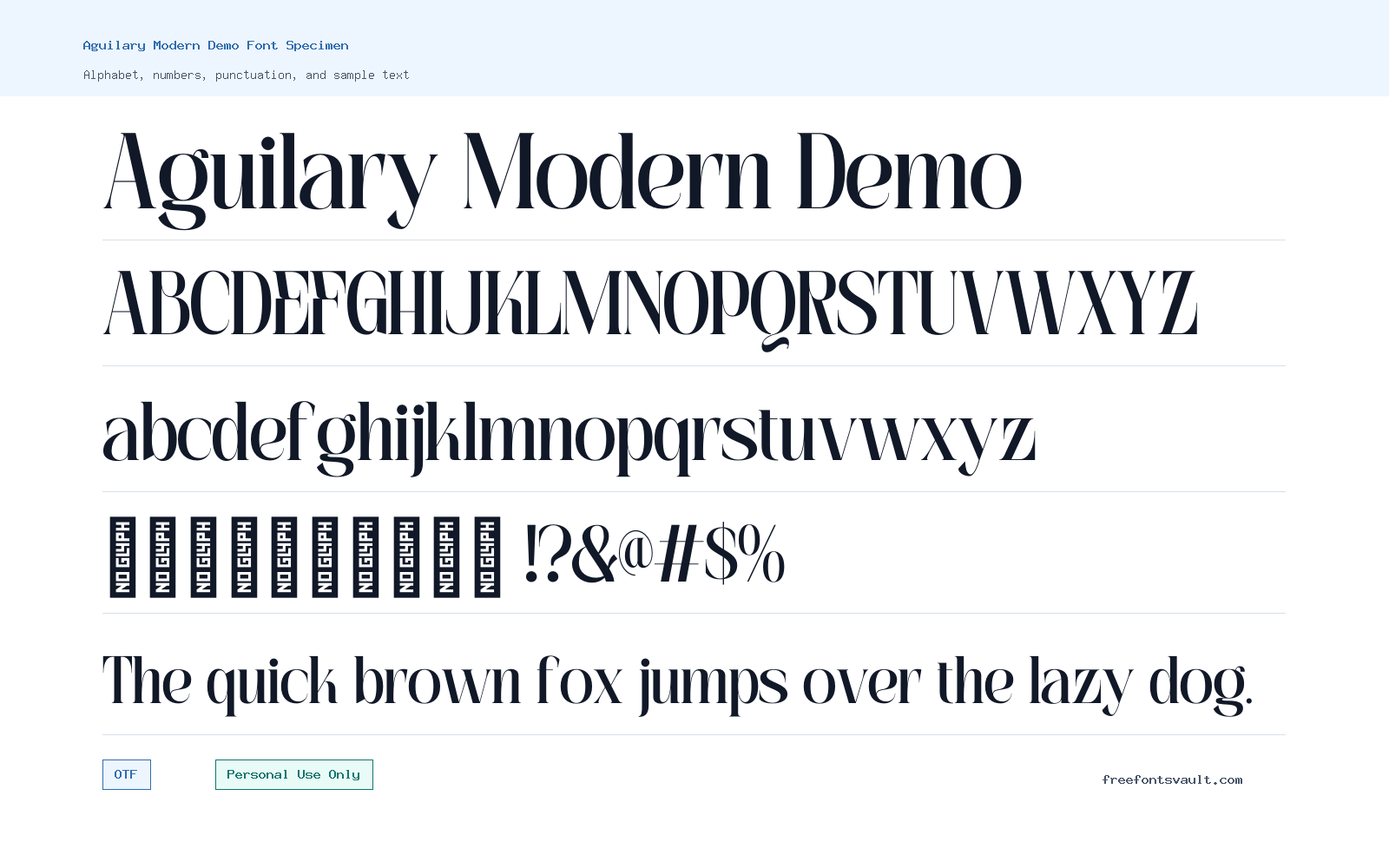 Aguilary Modern Demo font specimen showing alphabet, numbers, and sample text