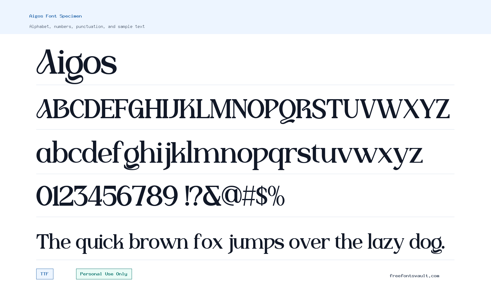 Aigos font specimen showing alphabet, numbers, and sample text