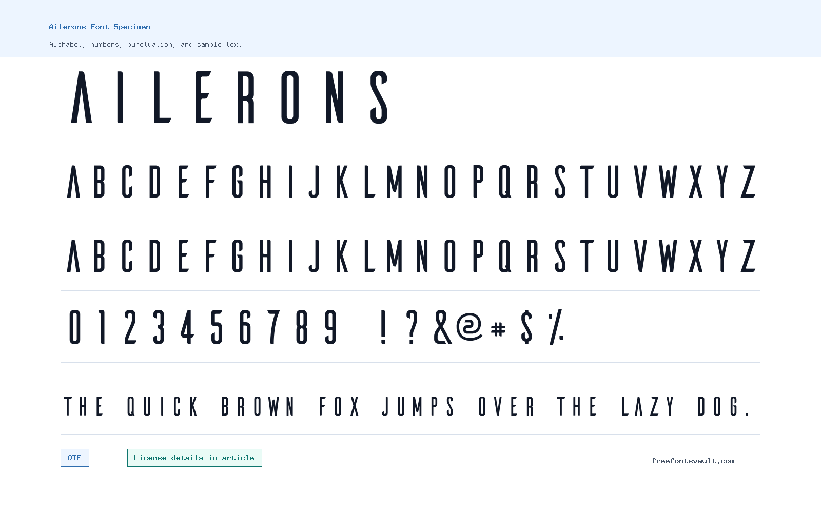 Ailerons font specimen showing alphabet, numbers, and sample text
