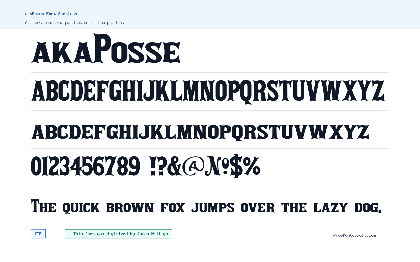 akaPosse font specimen showing alphabet, numbers, and sample text