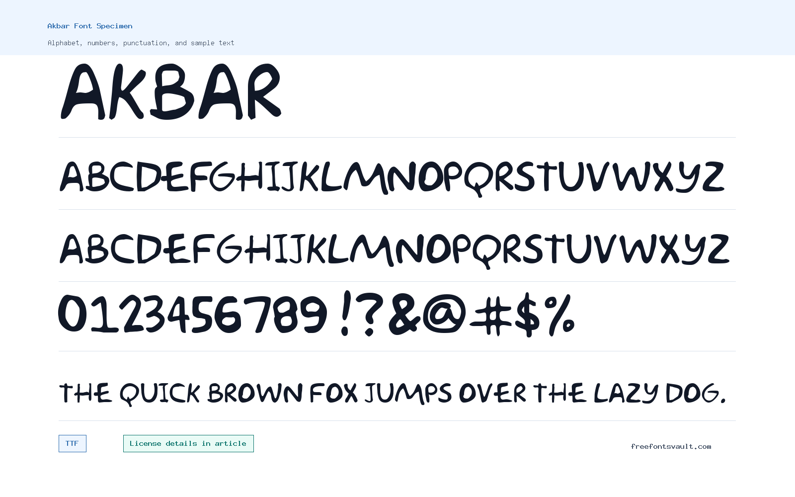Akbar font specimen showing alphabet, numbers, and sample text