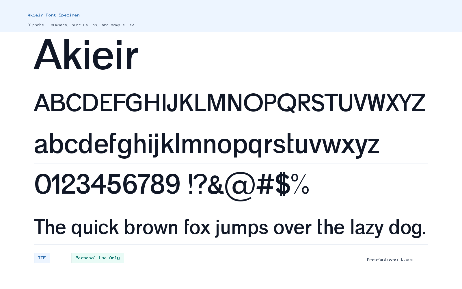 Akieir font specimen showing alphabet, numbers, and sample text