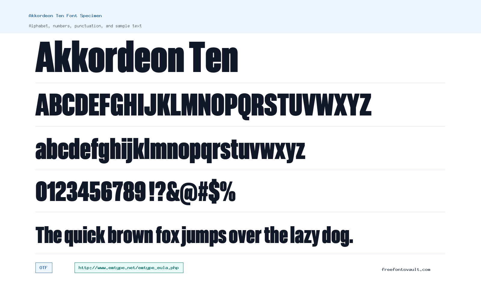 Akkordeon Ten font specimen showing alphabet, numbers, and sample text