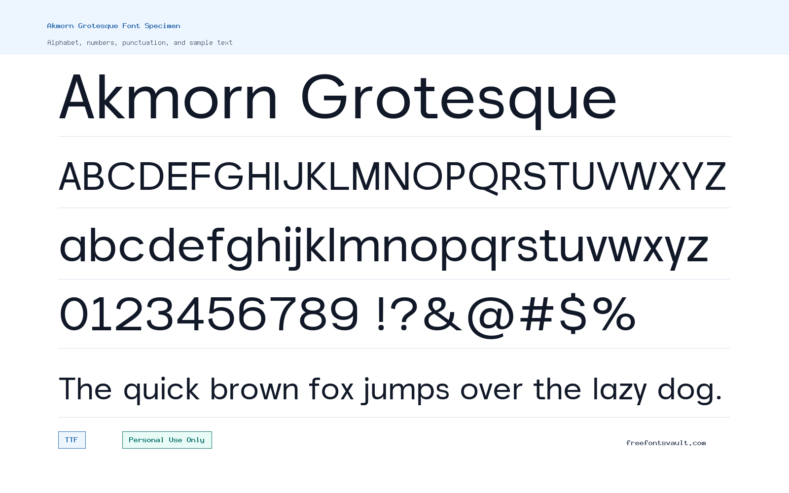 Akmorn Grotesque font specimen showing alphabet, numbers, and sample text