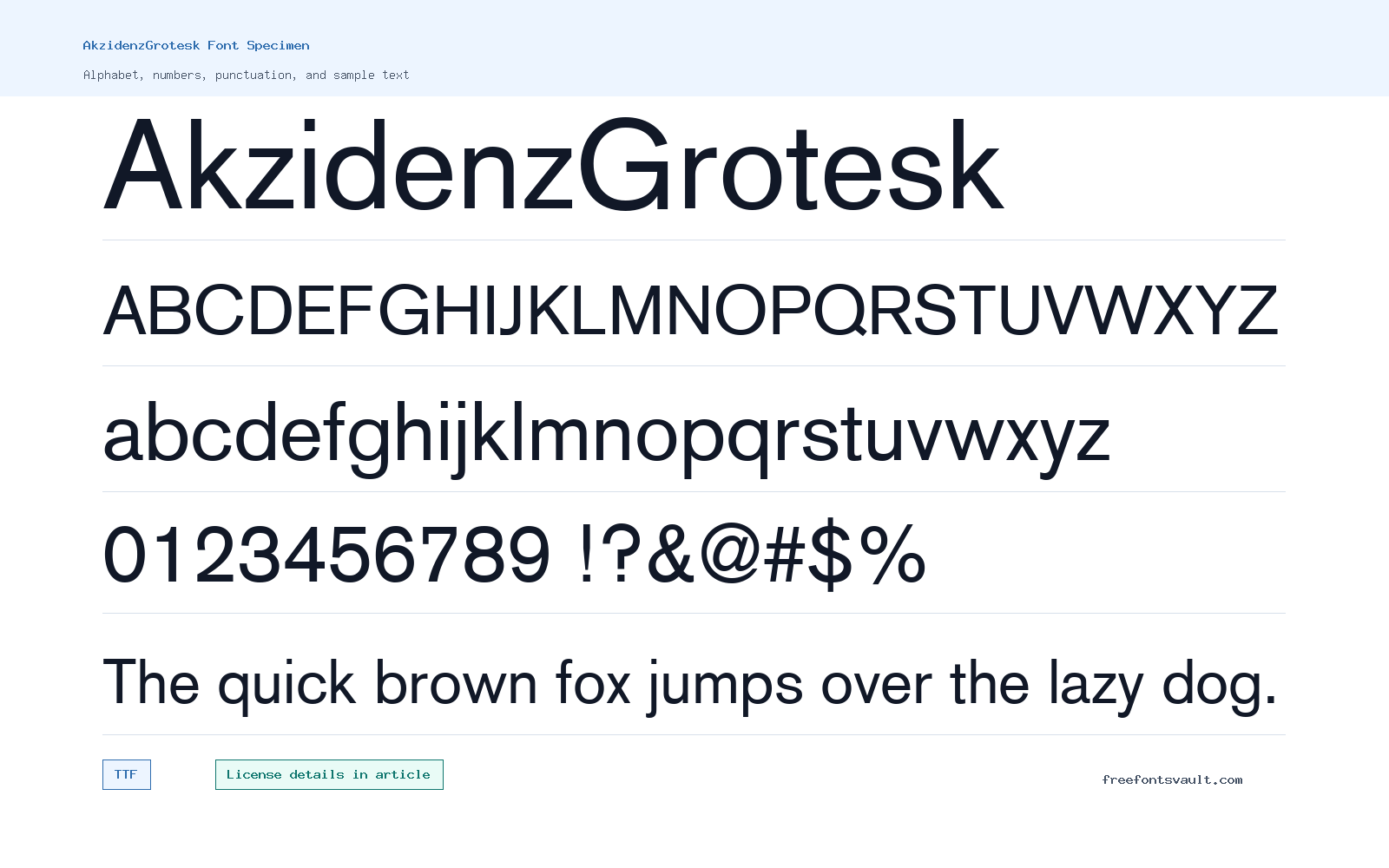 AkzidenzGrotesk font specimen showing alphabet, numbers, and sample text