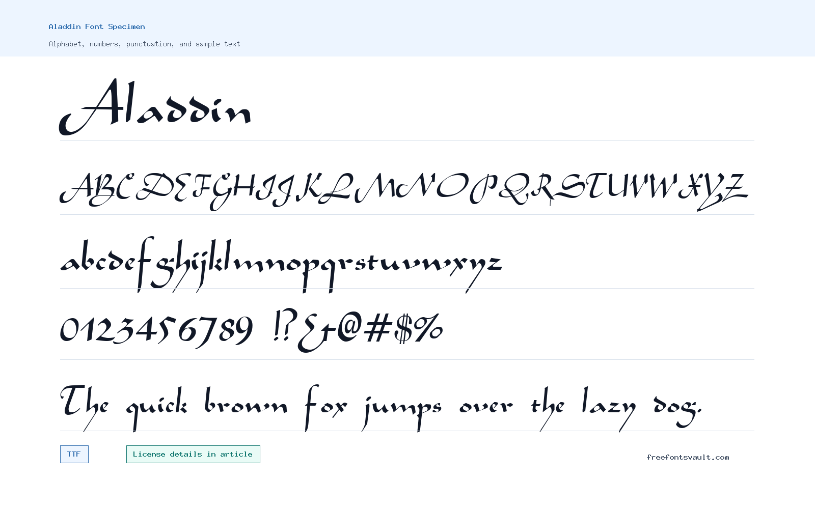 Aladdin font specimen showing alphabet, numbers, and sample text