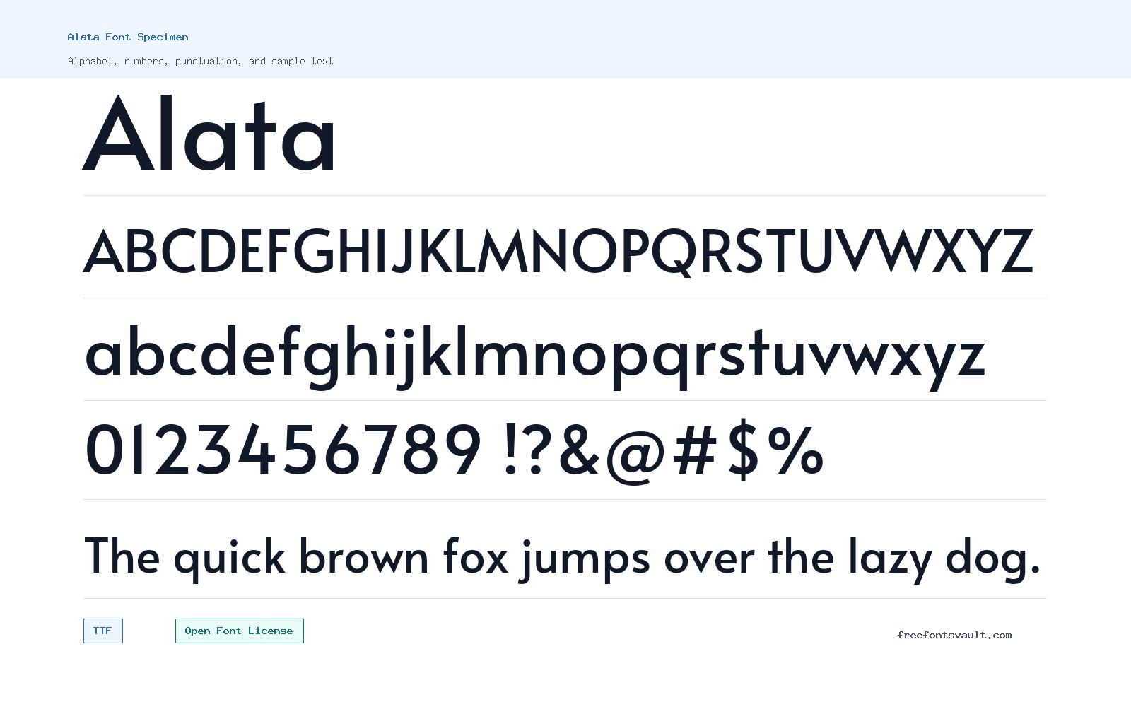 Alata font specimen showing alphabet, numbers, and sample text