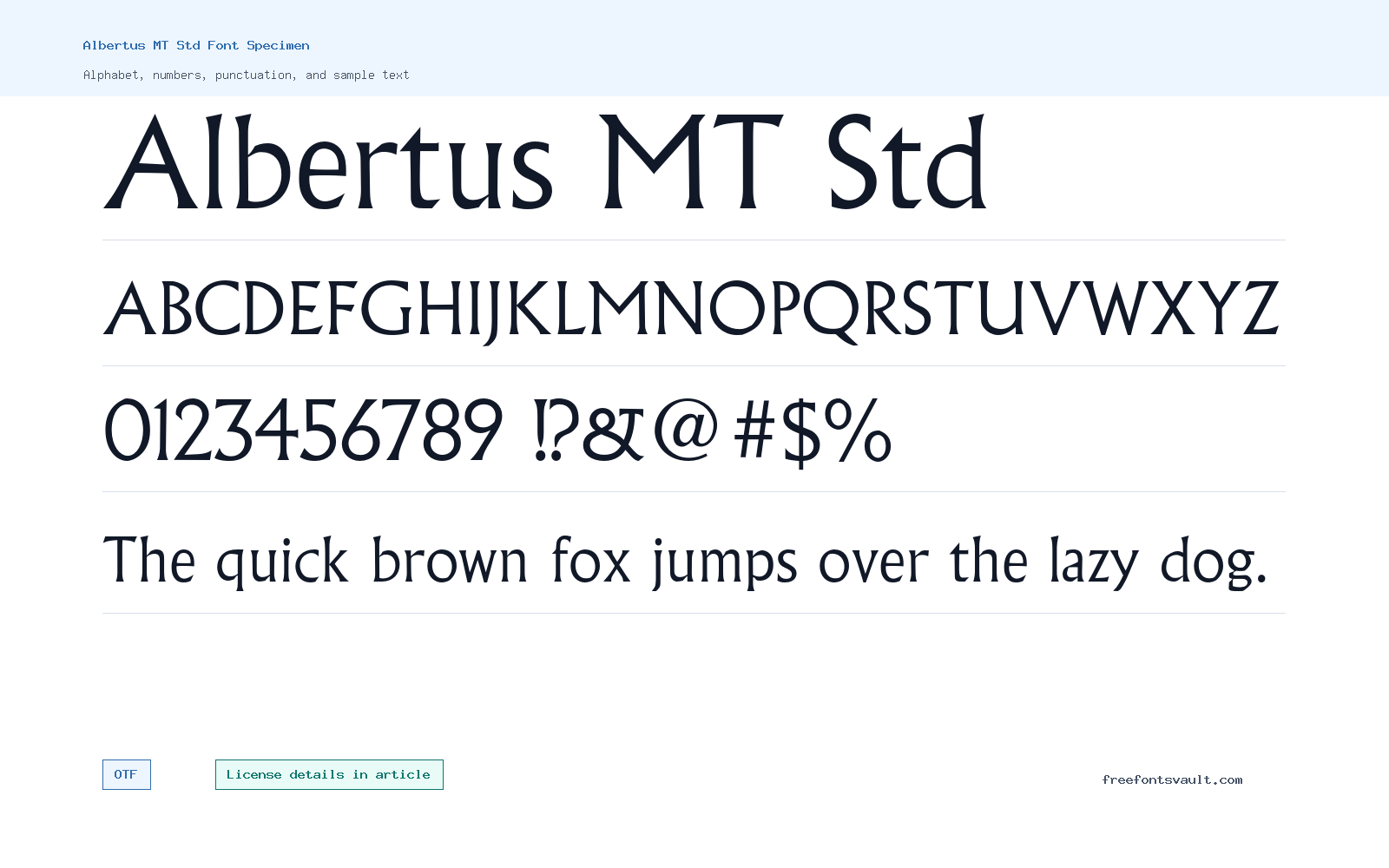 Albertus MT Std font specimen showing alphabet, numbers, and sample text