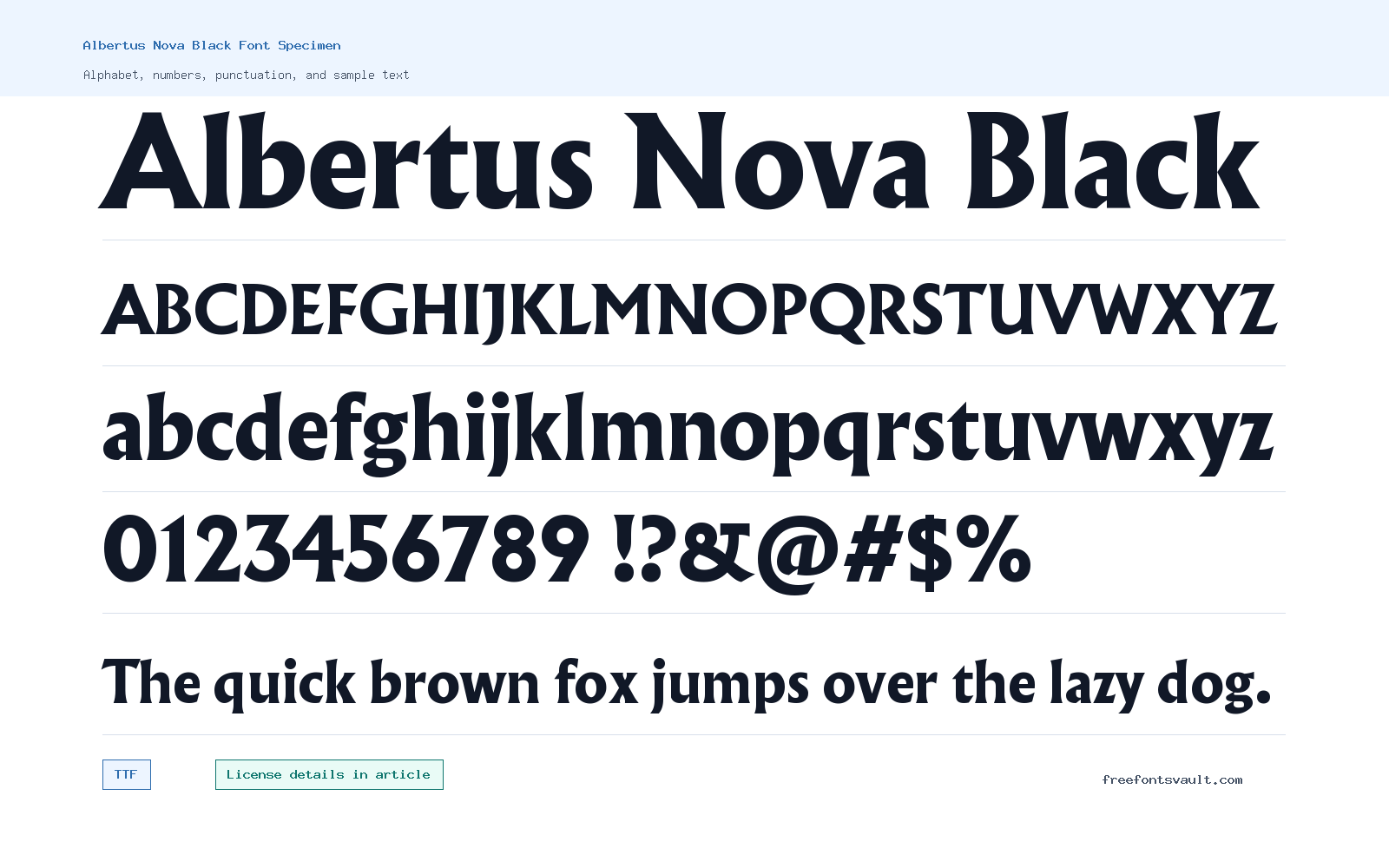 Albertus Nova Black font specimen showing alphabet, numbers, and sample text