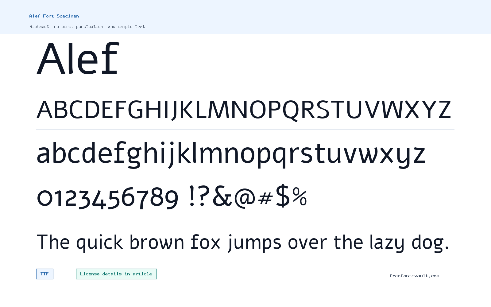 Alef font specimen showing alphabet, numbers, and sample text
