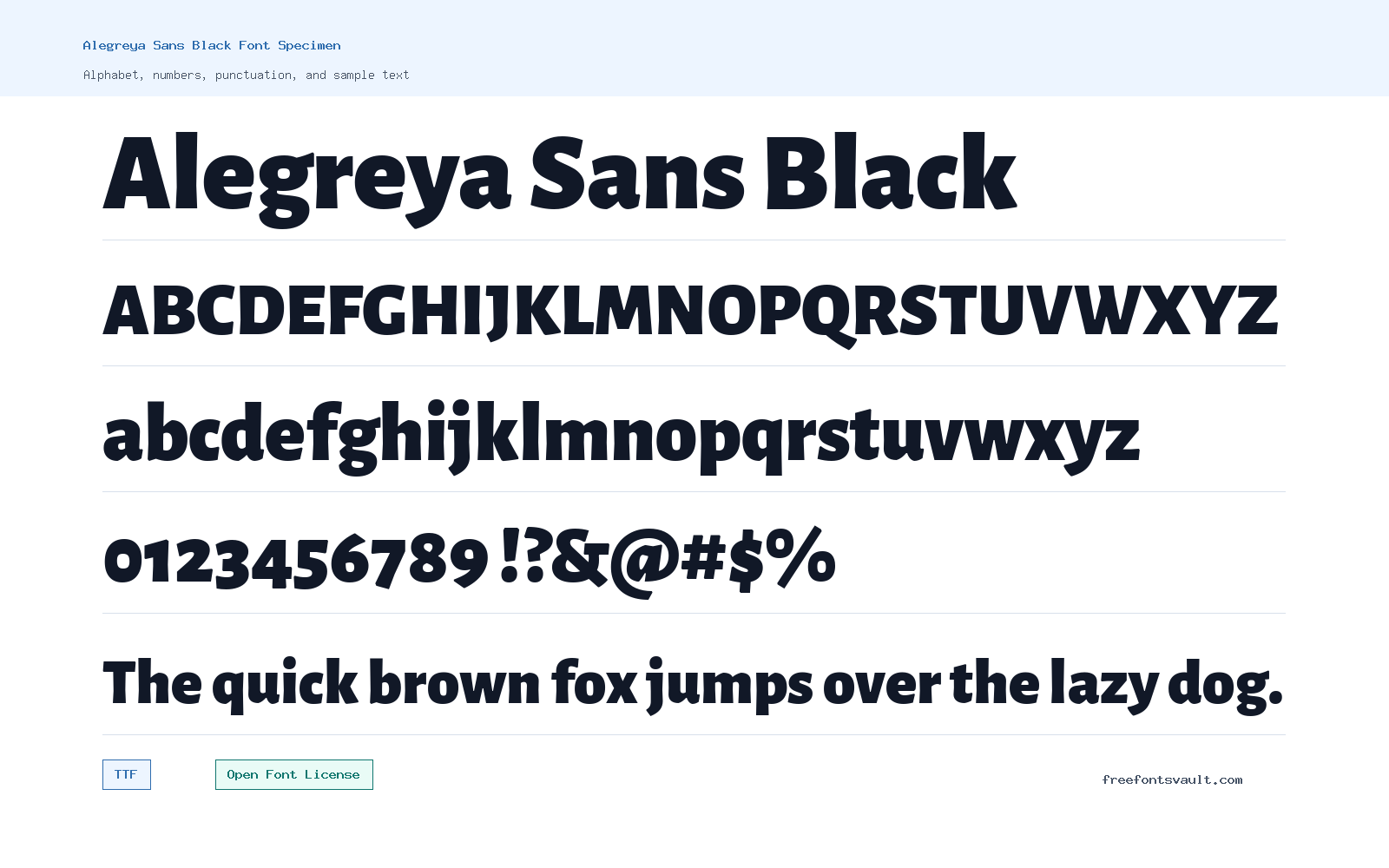 Alegreya Sans Black font specimen showing alphabet, numbers, and sample text