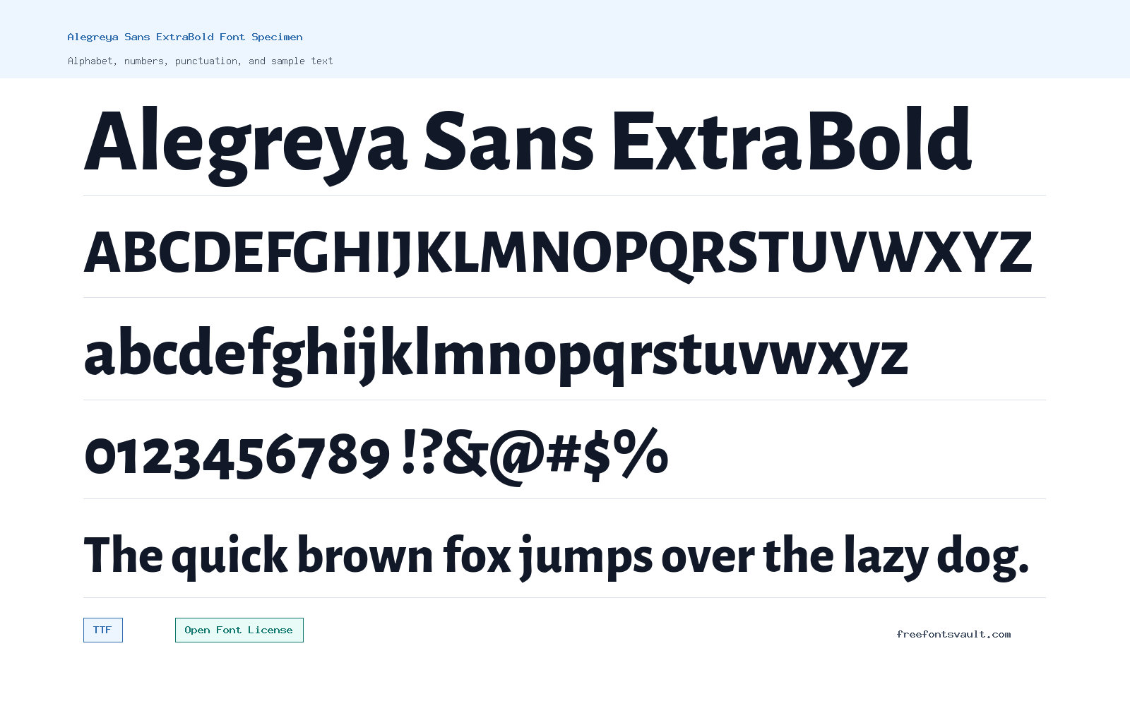 Alegreya Sans ExtraBold font specimen showing alphabet, numbers, and sample text