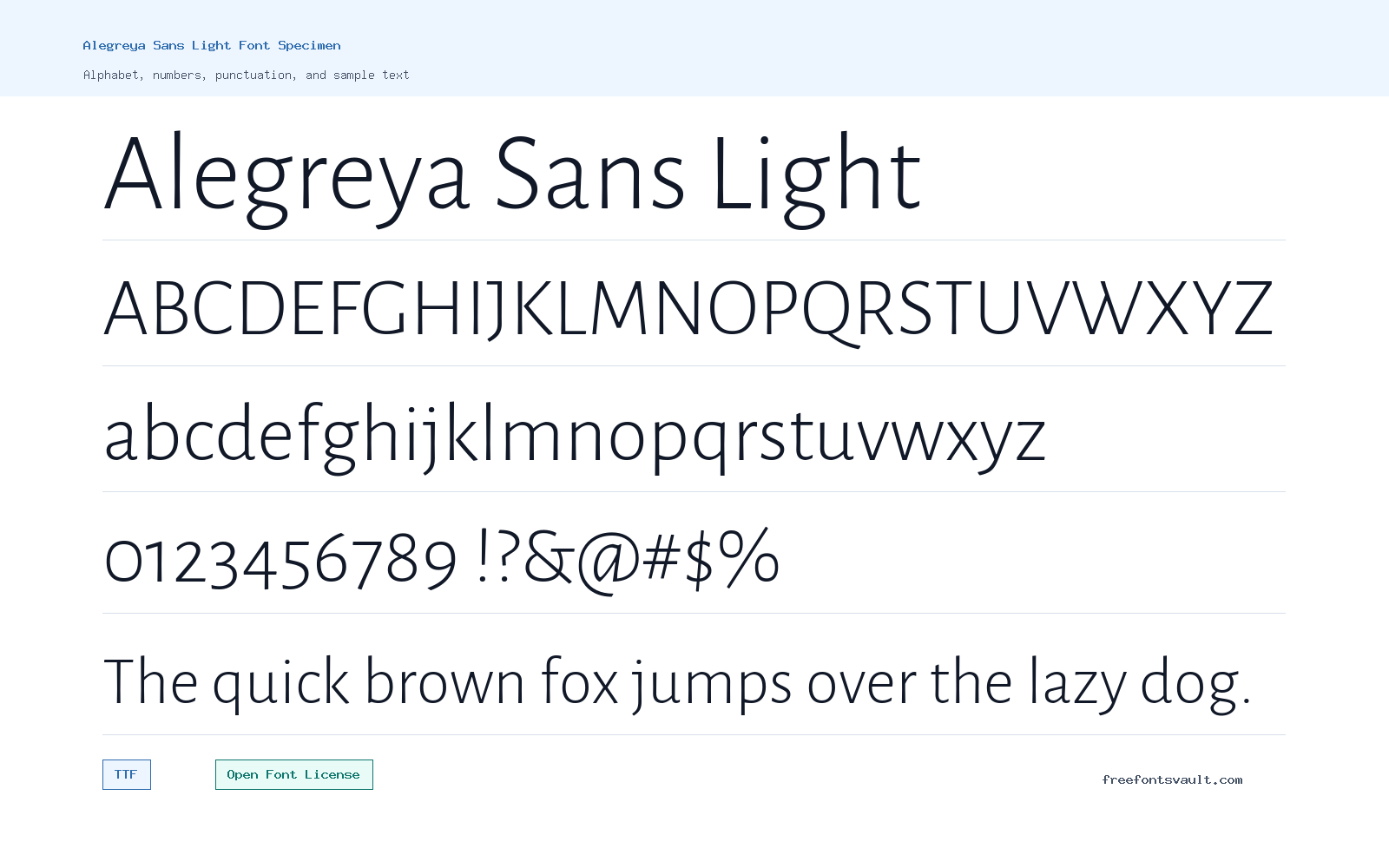 Alegreya Sans Light font specimen showing alphabet, numbers, and sample text