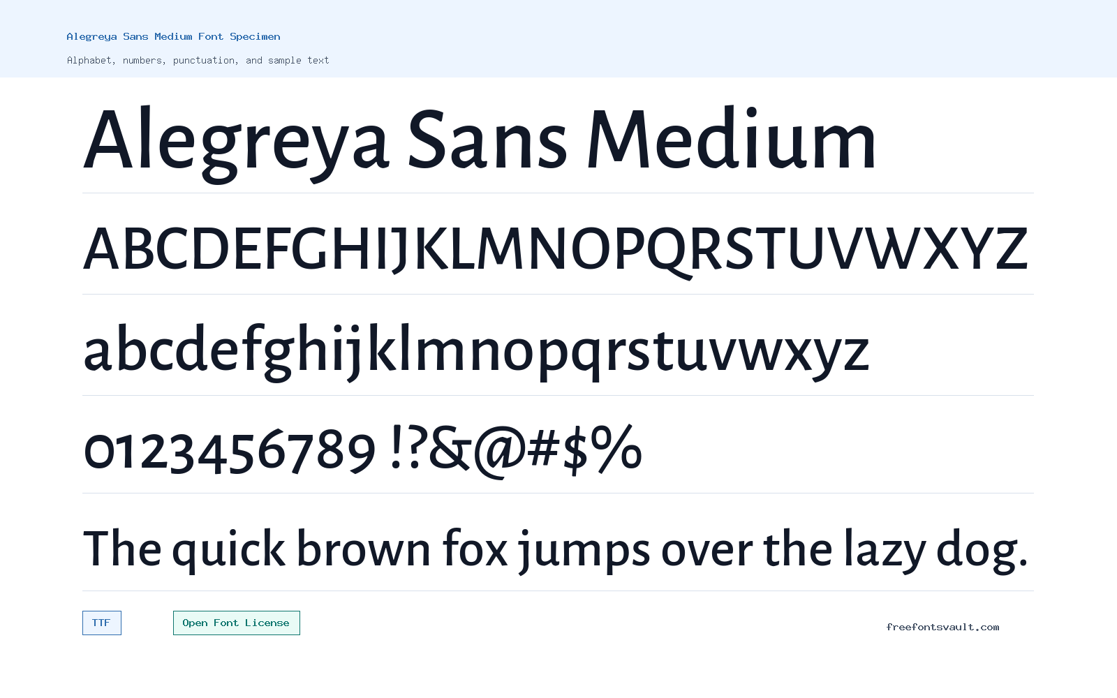 Alegreya Sans Medium font specimen showing alphabet, numbers, and sample text