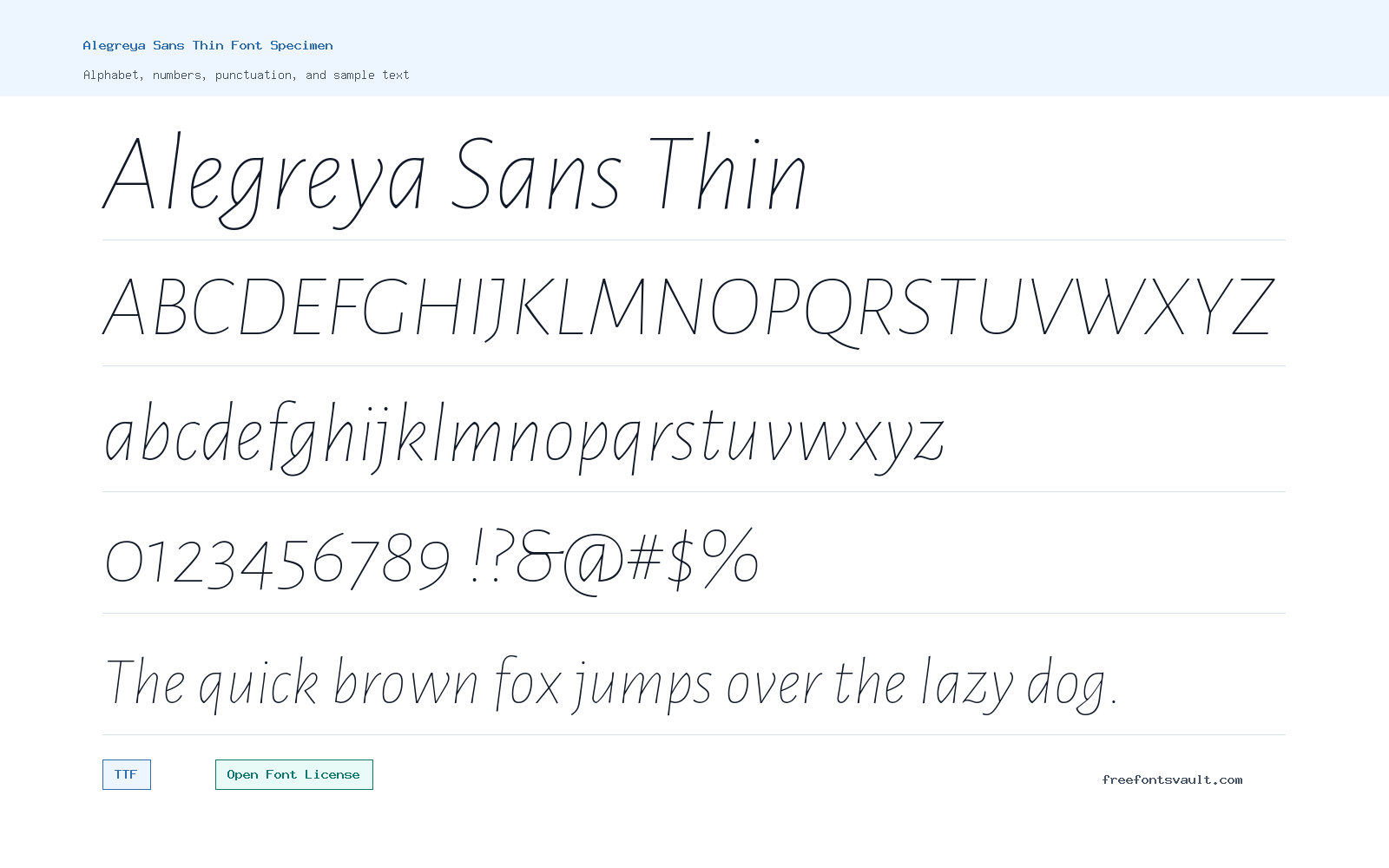 Alegreya Sans Thin font specimen showing alphabet, numbers, and sample text