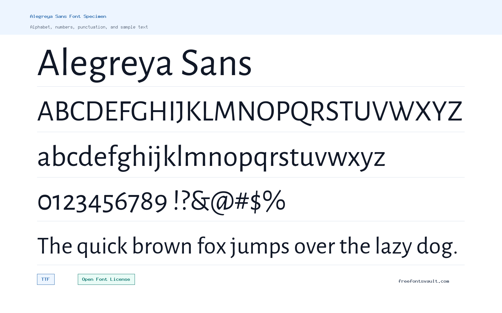Alegreya Sans font specimen showing alphabet, numbers, and sample text