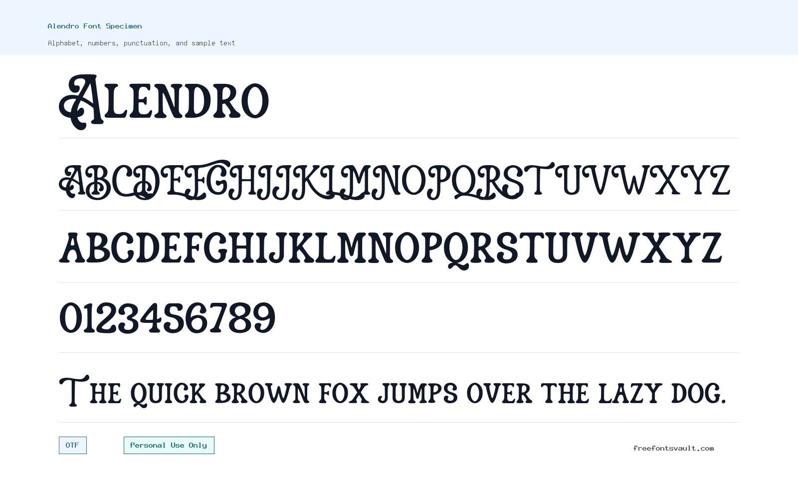 Alendro font specimen showing alphabet, numbers, and sample text