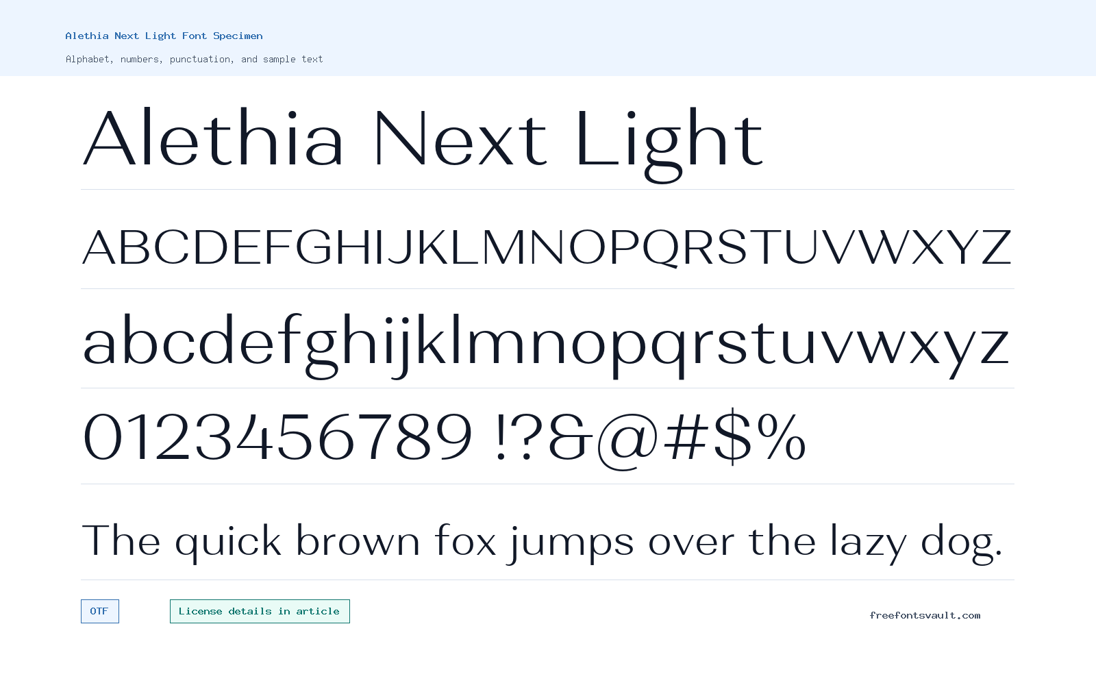 Alethia Next Light font specimen showing alphabet, numbers, and sample text