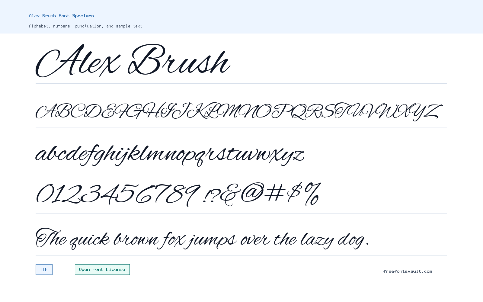 Alex Brush font specimen showing alphabet, numbers, and sample text