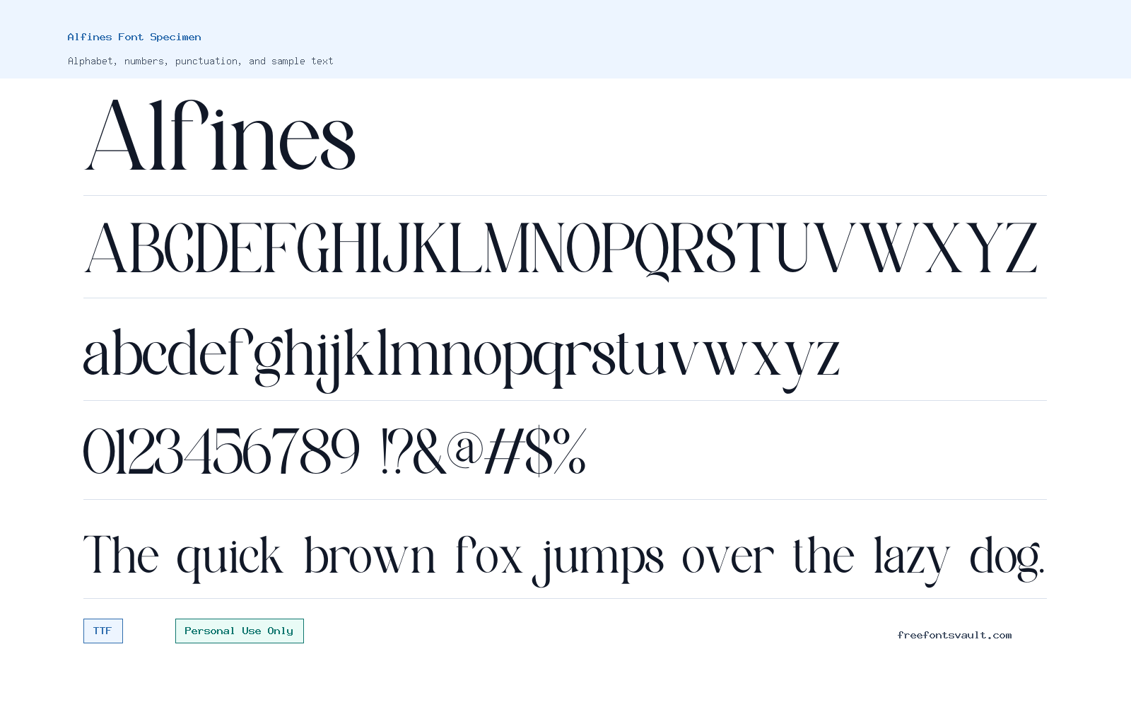 Alfines font specimen showing alphabet, numbers, and sample text