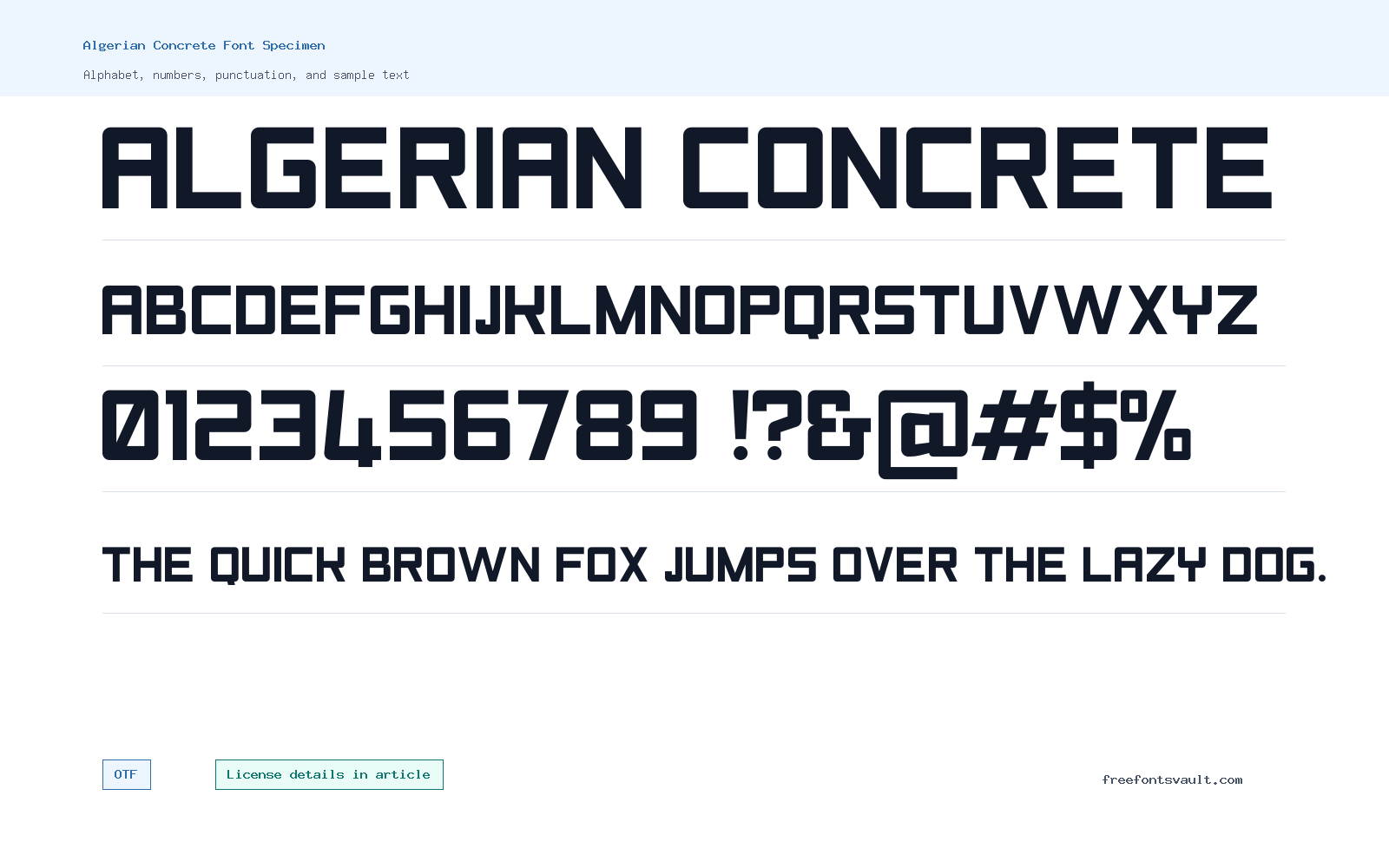 Algerian Concrete font specimen showing alphabet, numbers, and sample text