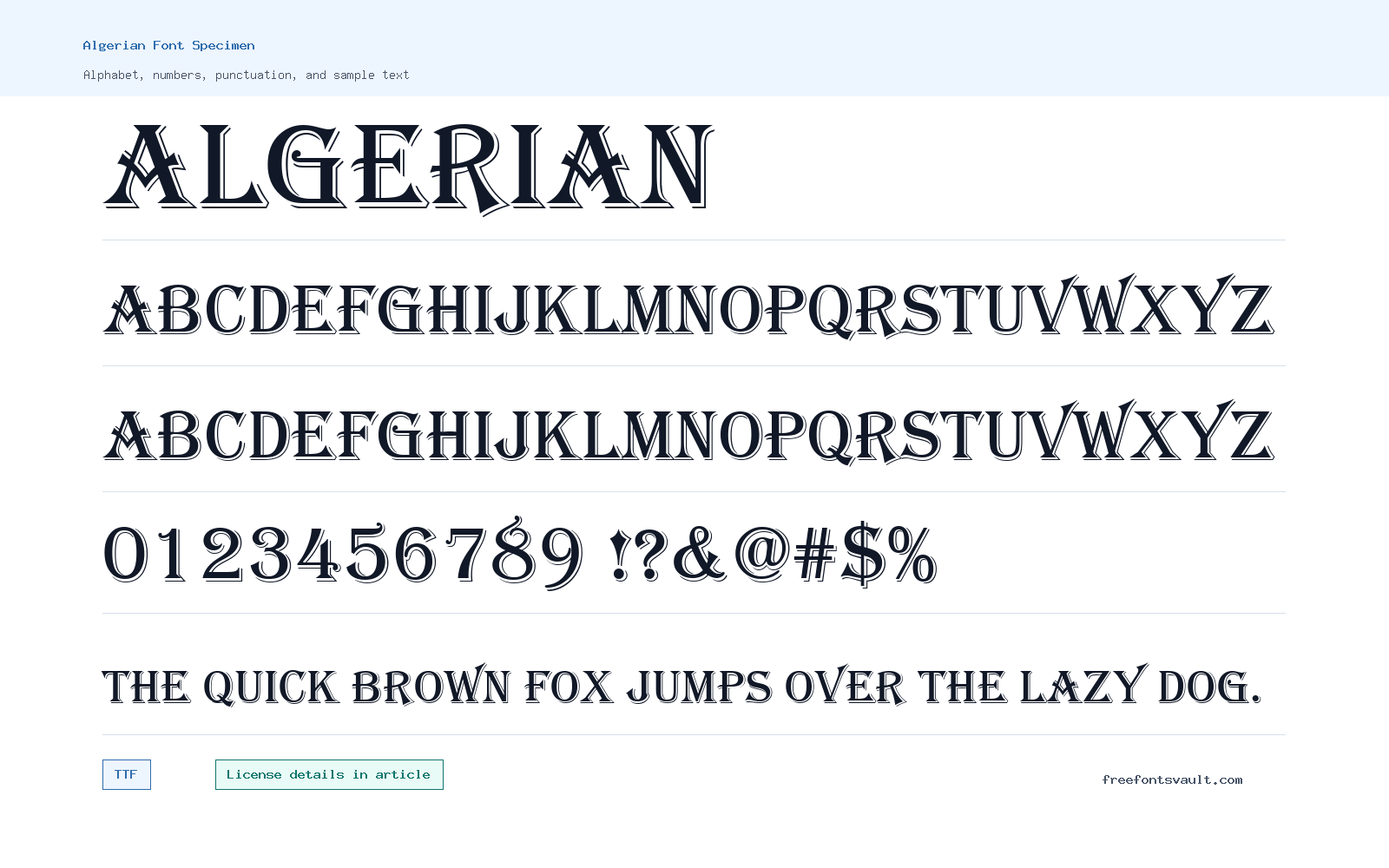 Algerian font specimen showing alphabet, numbers, and sample text