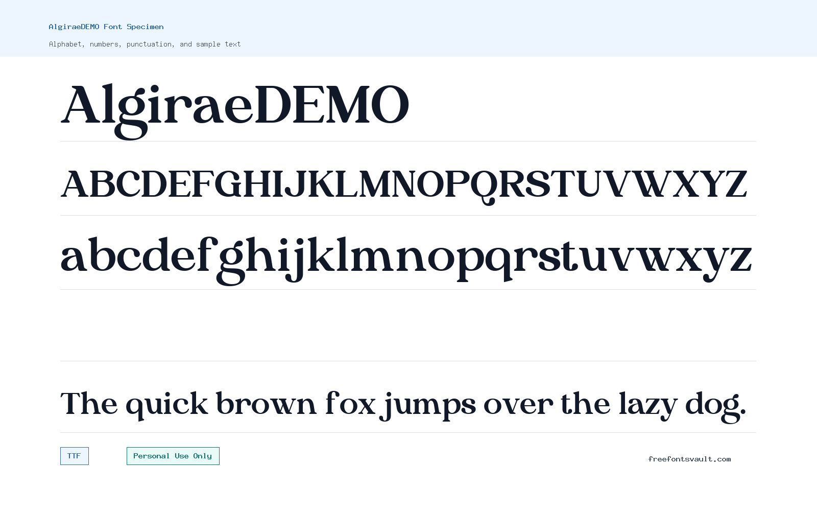 AlgiraeDEMO font specimen showing alphabet, numbers, and sample text