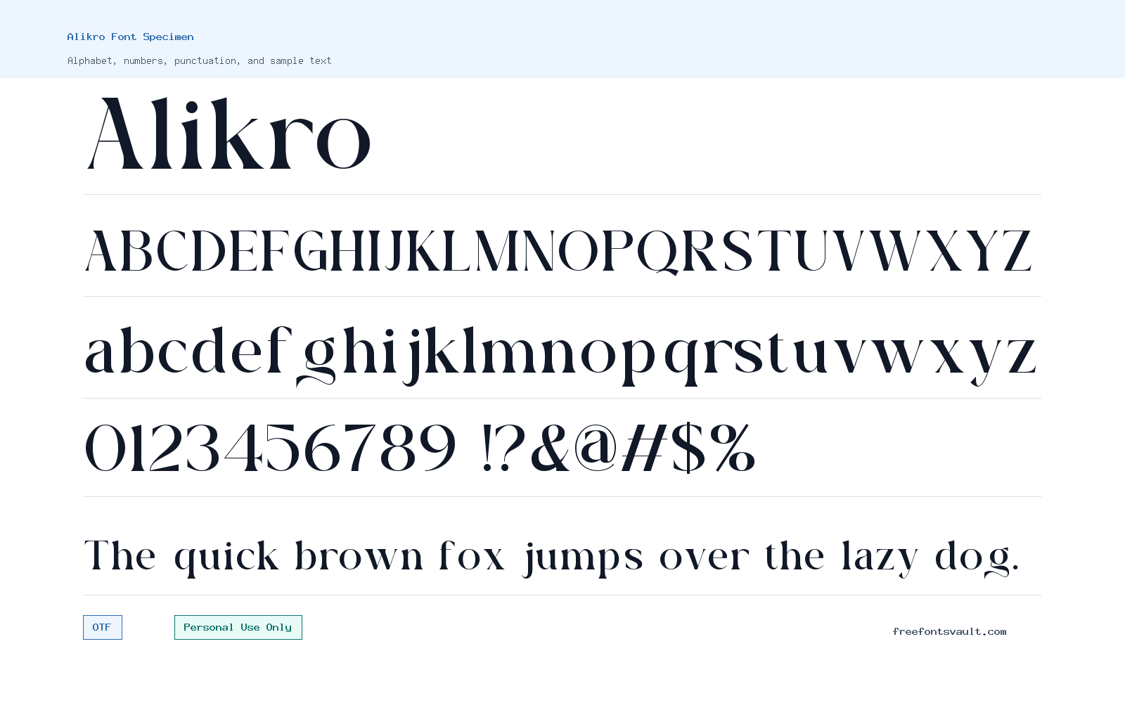 Alikro font specimen showing alphabet, numbers, and sample text