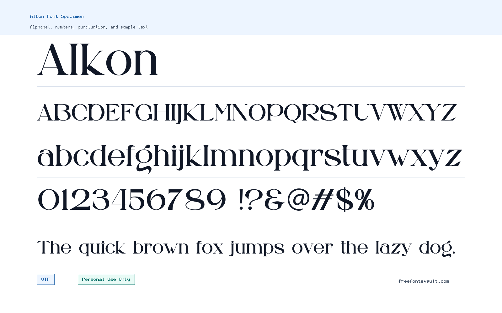 Alkon font specimen showing alphabet, numbers, and sample text