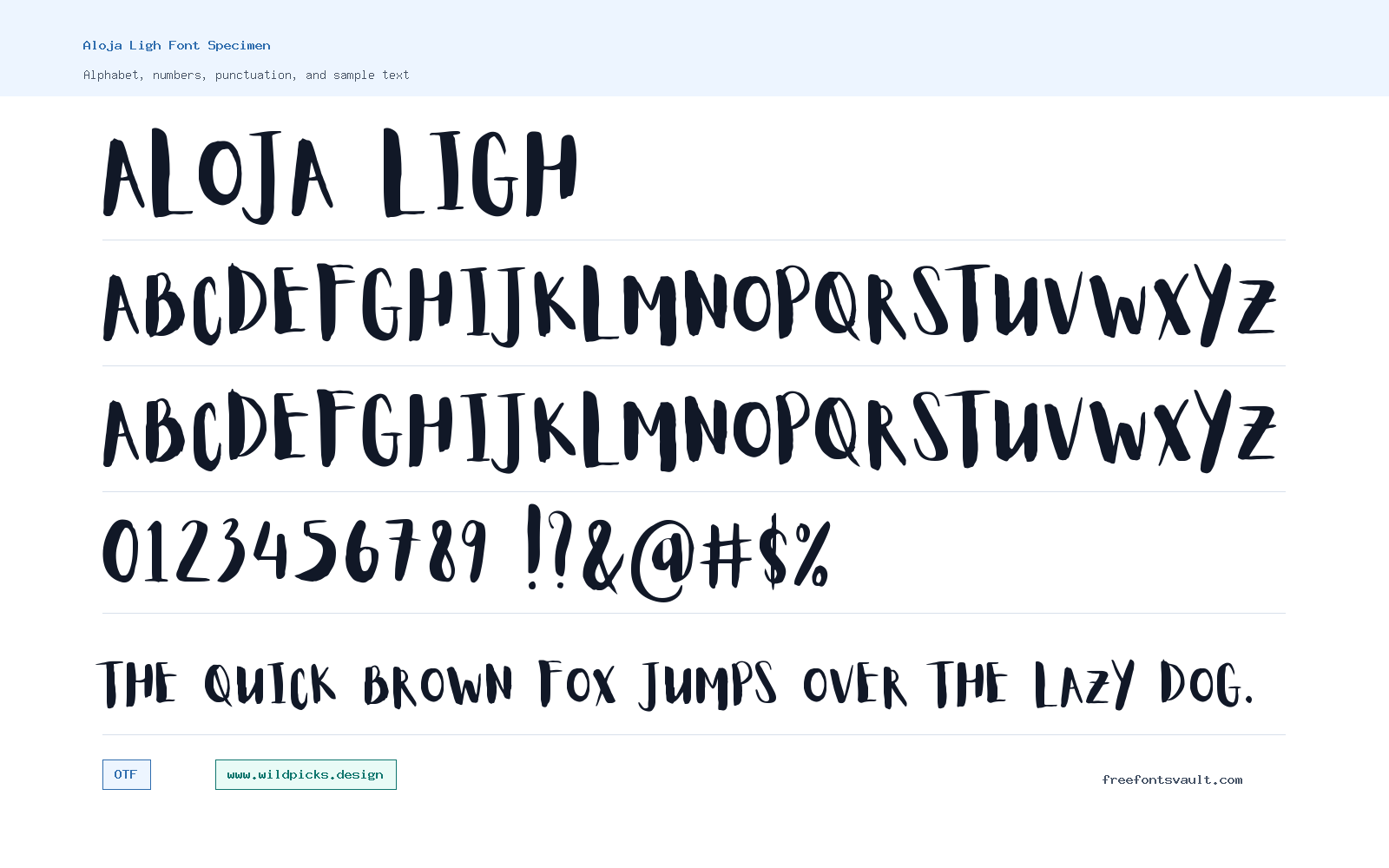 Aloja Ligh font specimen showing alphabet, numbers, and sample text