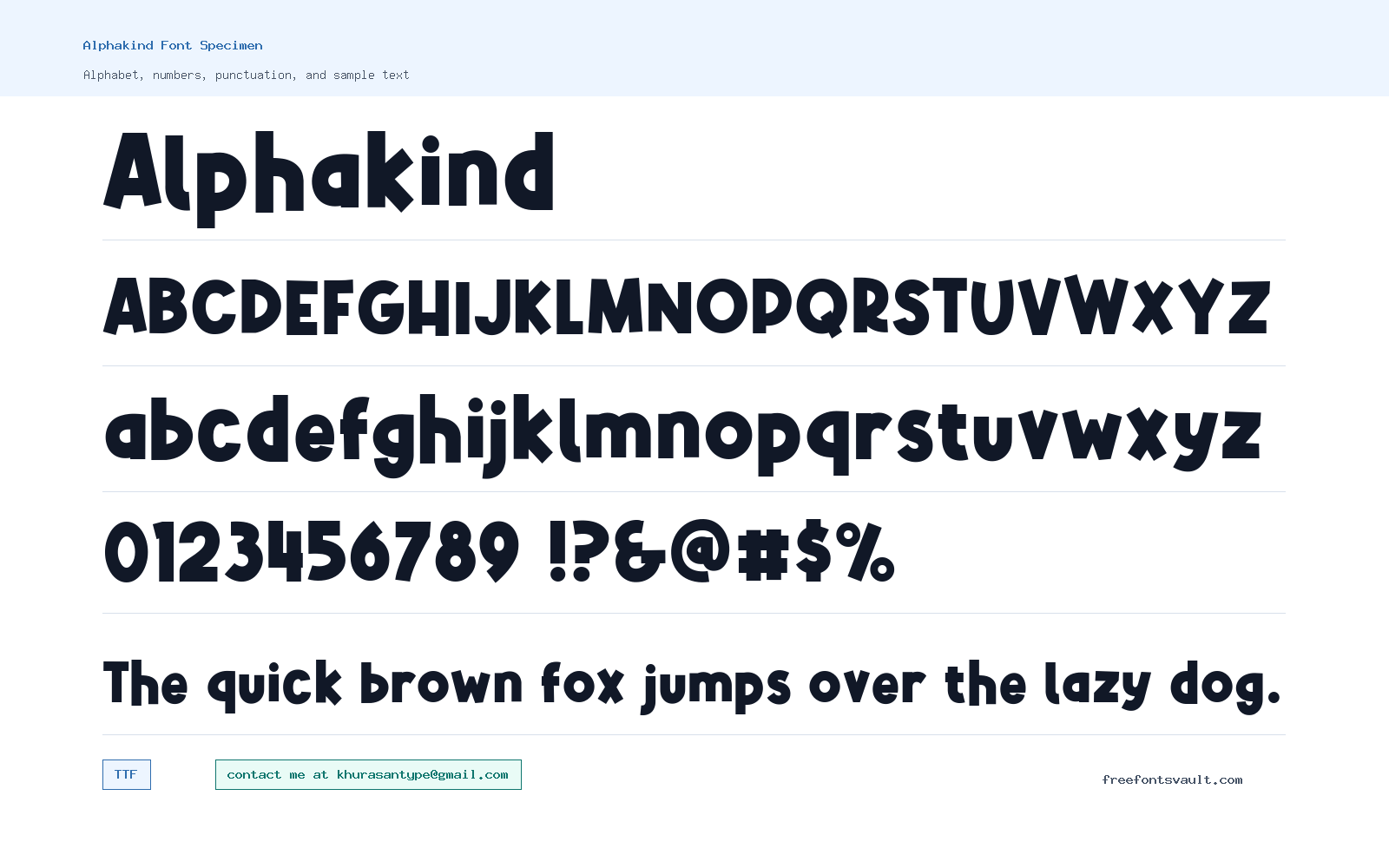 Alphakind font specimen showing alphabet, numbers, and sample text