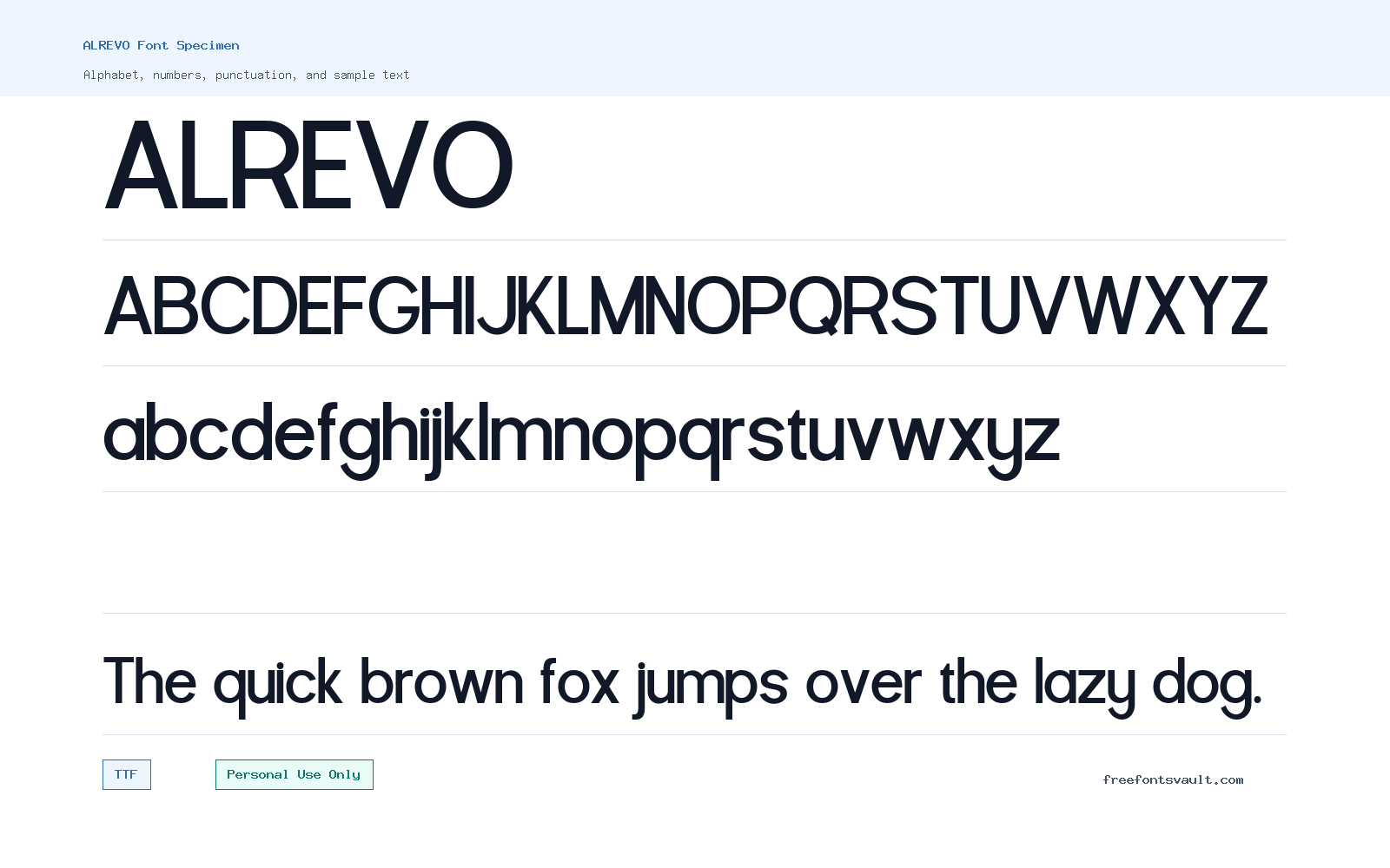ALREVO font specimen showing alphabet, numbers, and sample text