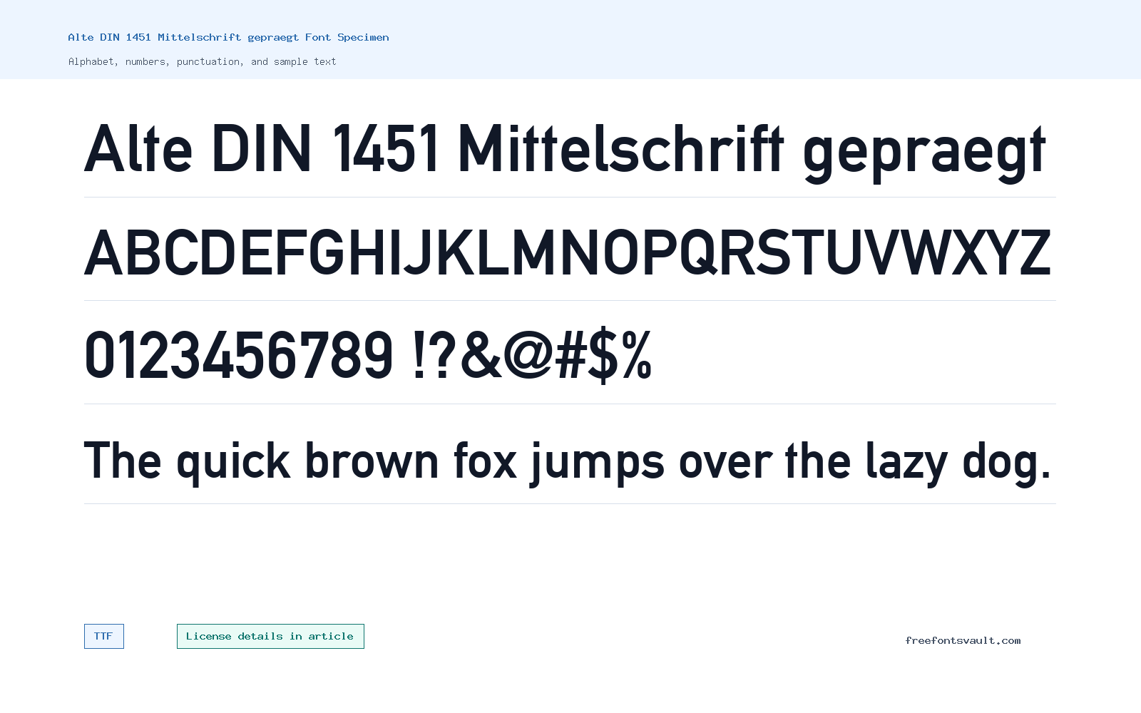 Alte DIN 1451 Mittelschrift gepraegt font specimen showing alphabet, numbers, and sample text