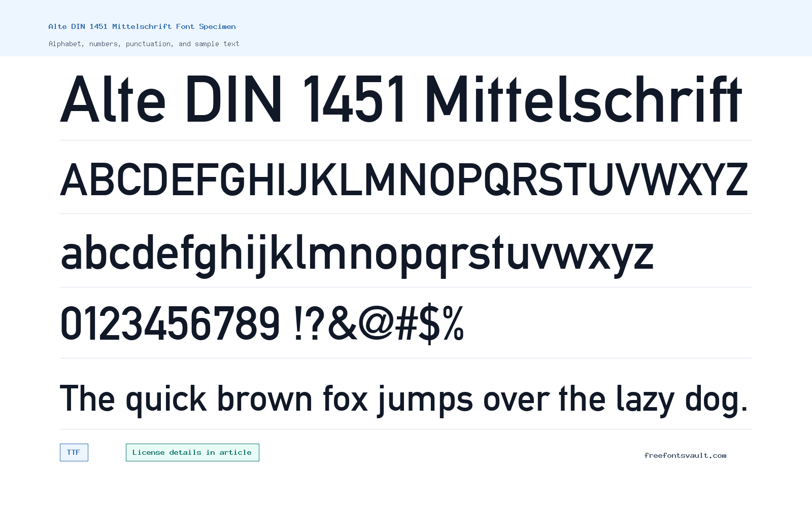 Alte DIN 1451 Mittelschrift font specimen showing alphabet, numbers, and sample text