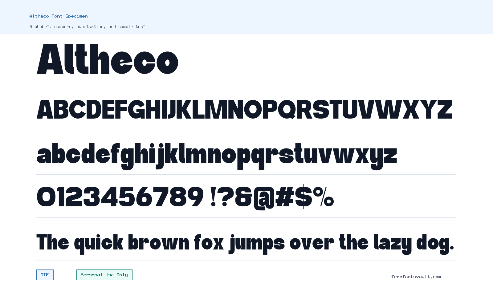 Altheco font specimen showing alphabet, numbers, and sample text
