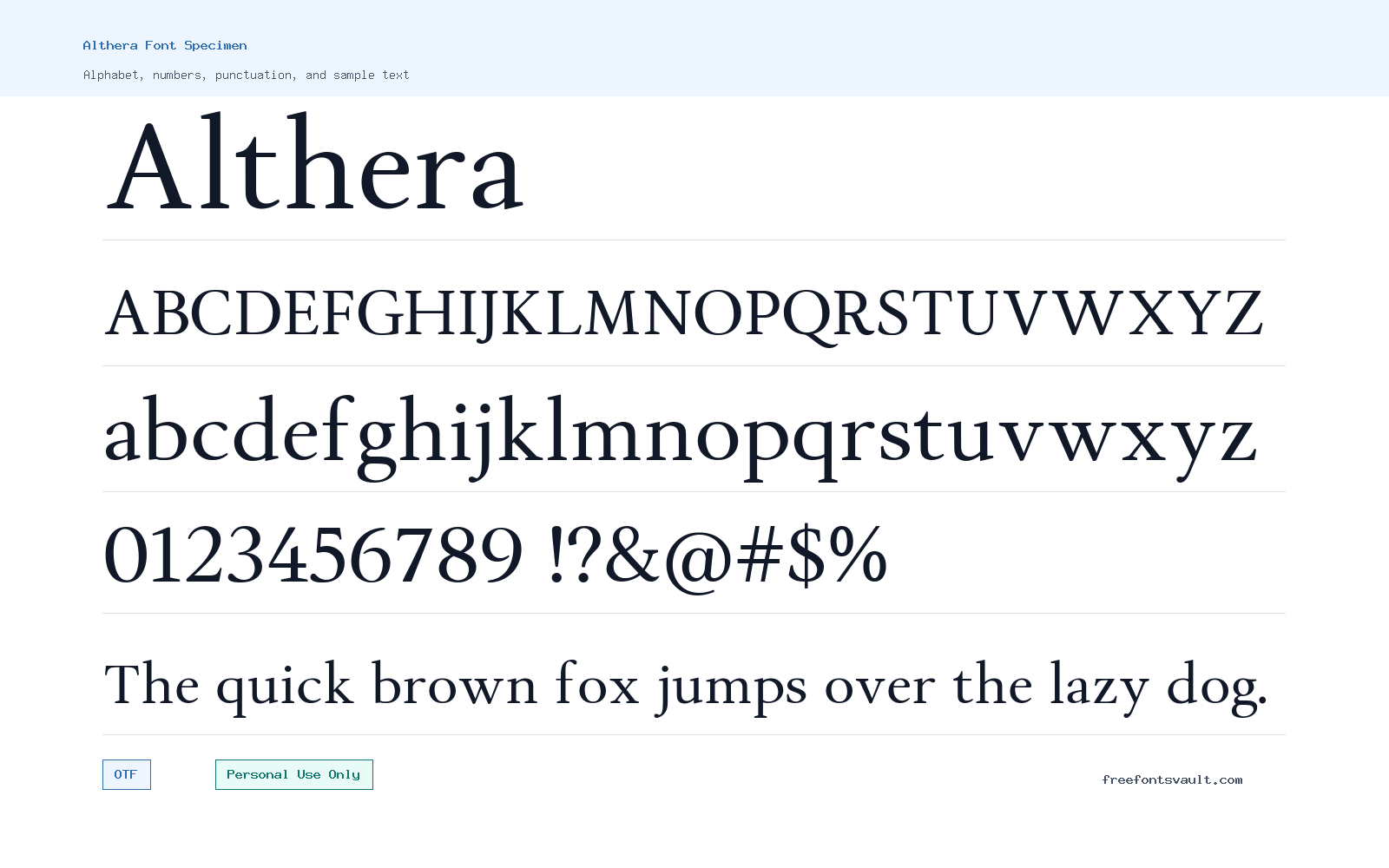 Althera font specimen showing alphabet, numbers, and sample text