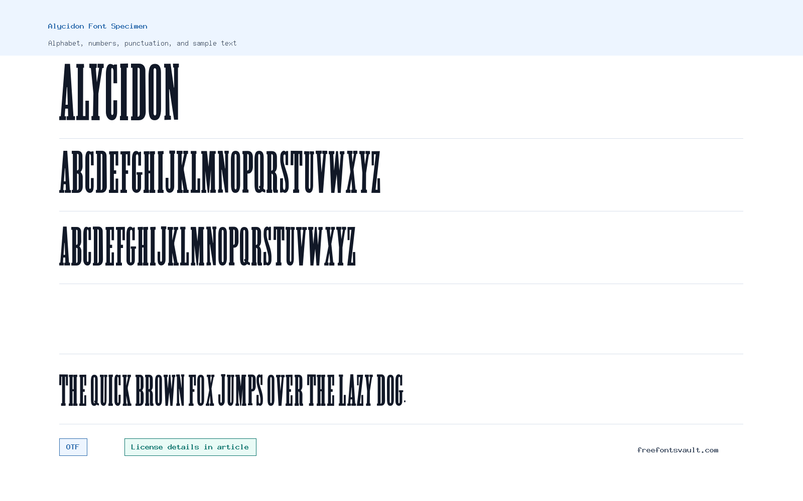 Alycidon font specimen showing alphabet, numbers, and sample text