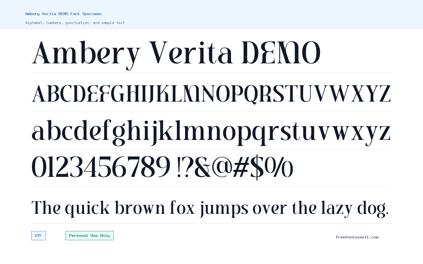 Ambery Verita DEMO font specimen showing alphabet, numbers, and sample text