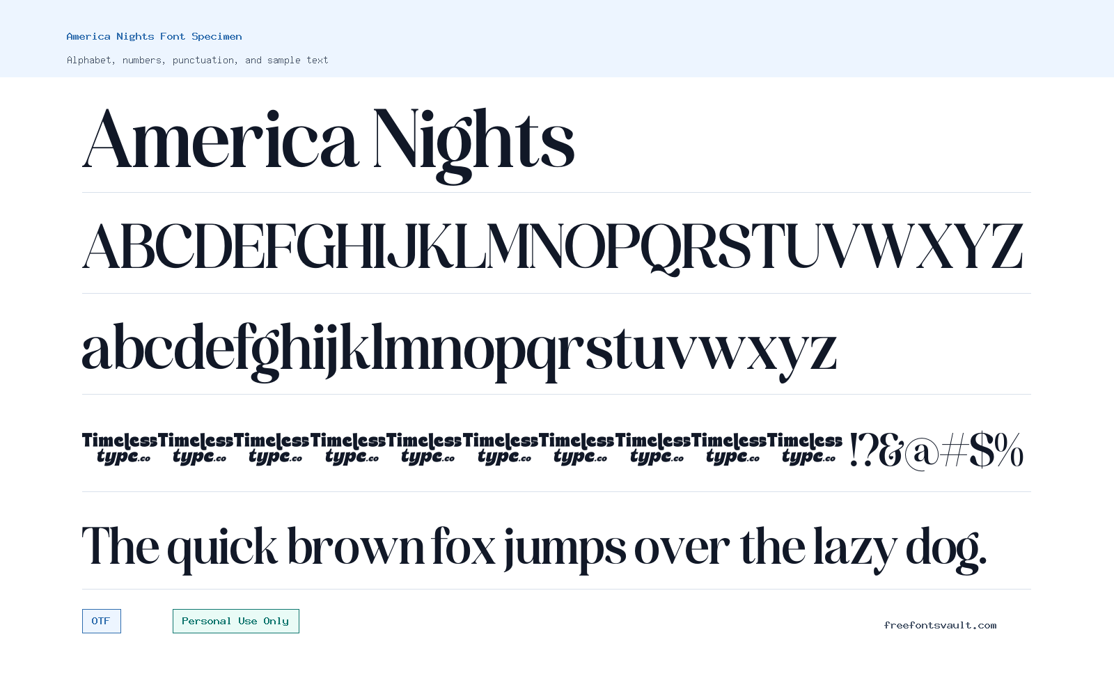 America Nights font specimen showing alphabet, numbers, and sample text