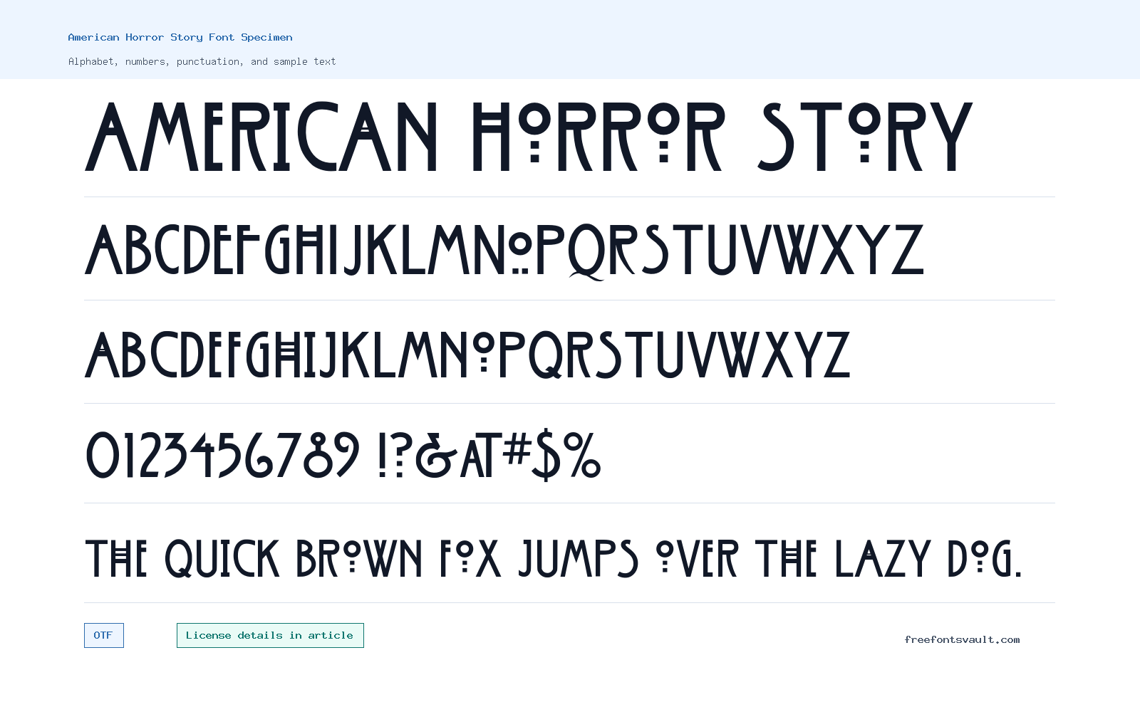 American Horror Story font specimen showing alphabet, numbers, and sample text