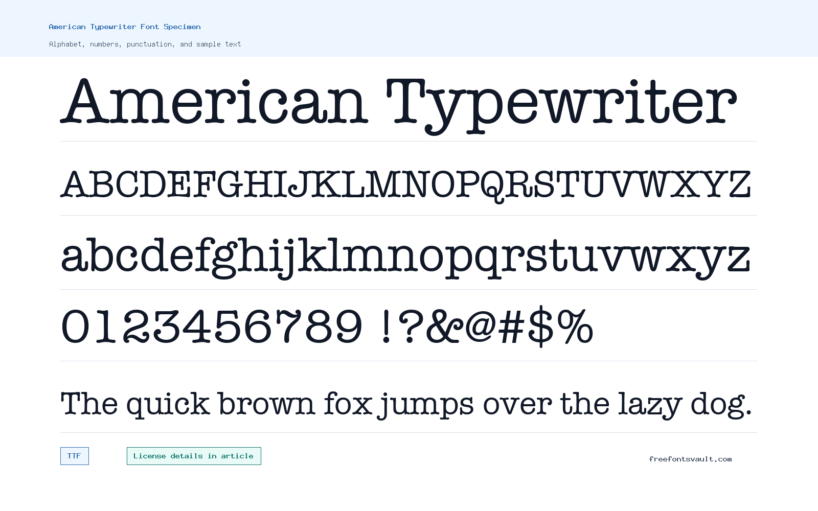 American Typewriter font specimen showing alphabet, numbers, and sample text