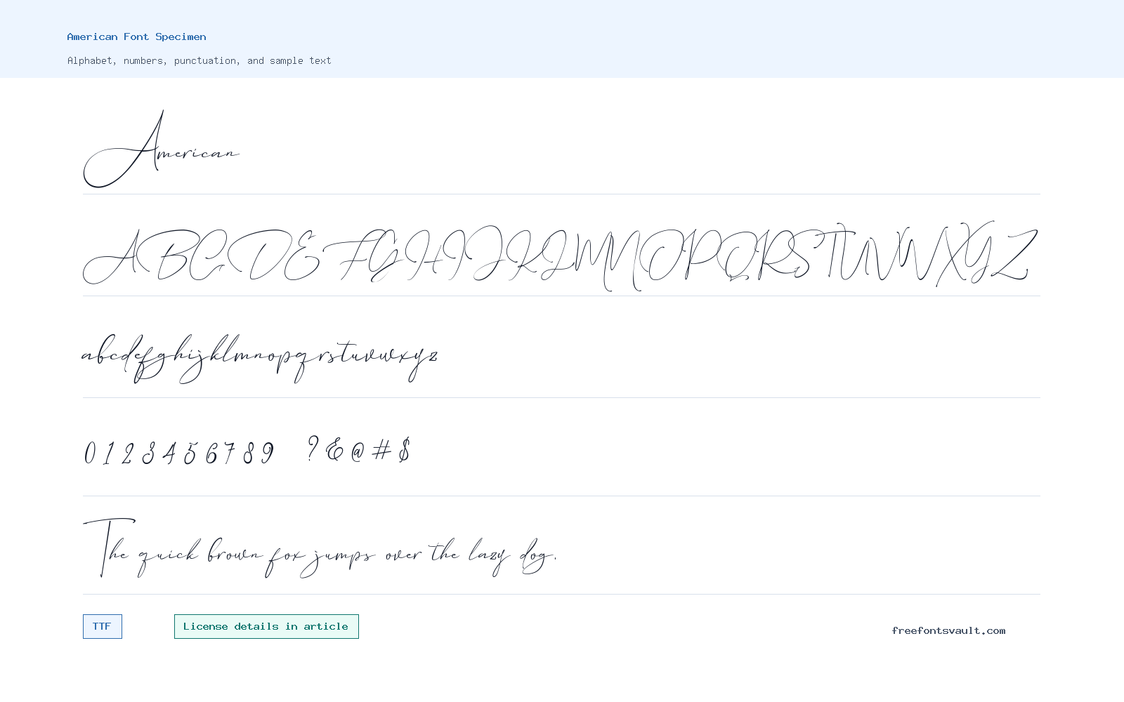 American font specimen showing alphabet, numbers, and sample text
