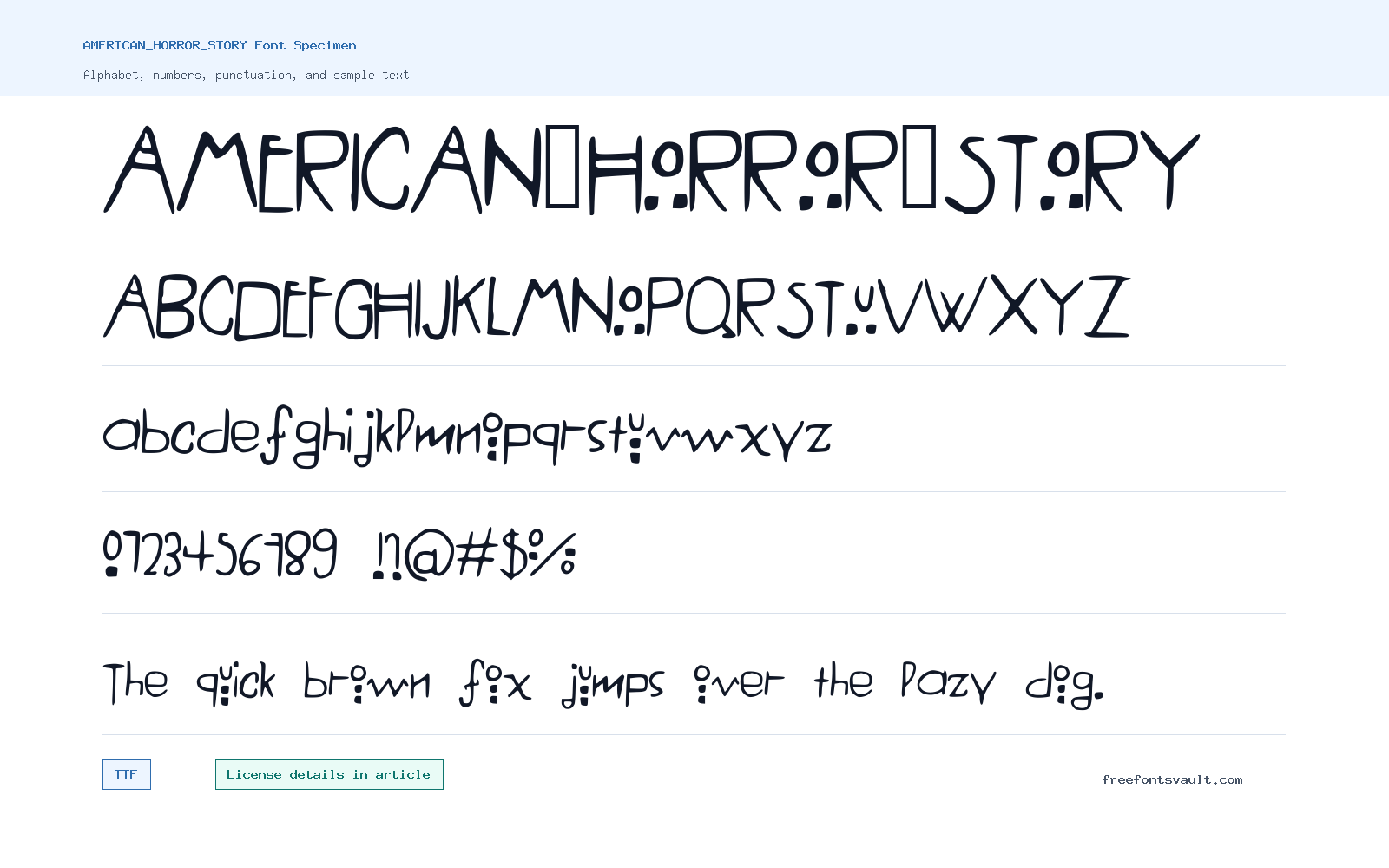 AMERICAN_HORROR_STORY font specimen showing alphabet, numbers, and sample text