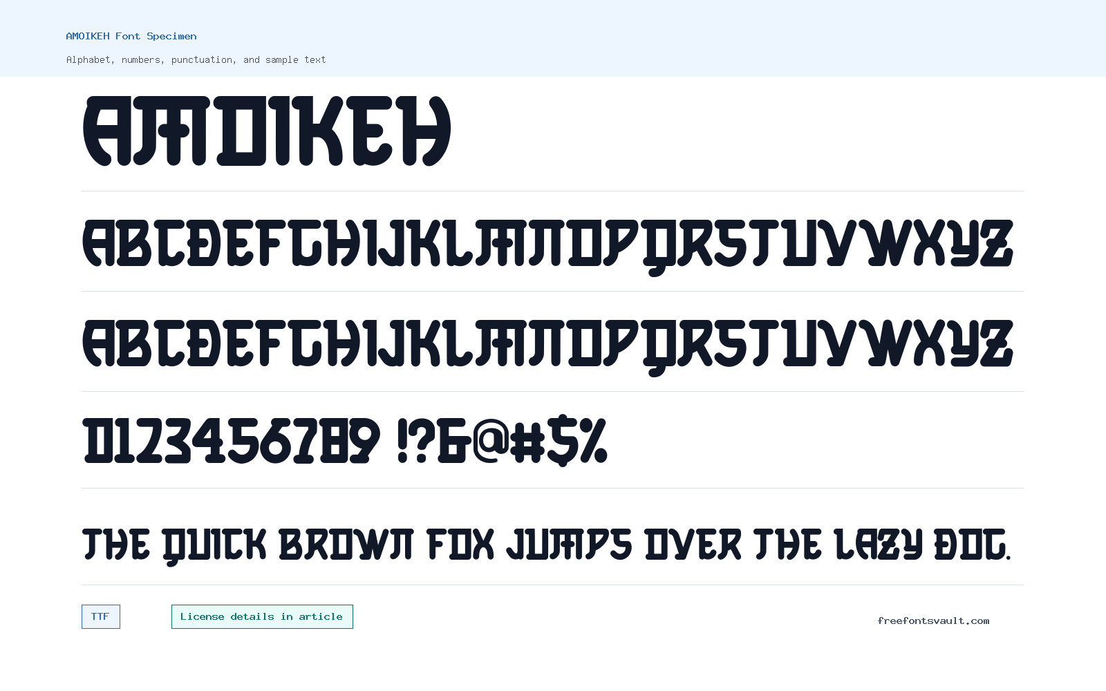 AMOIKEH font specimen showing alphabet, numbers, and sample text