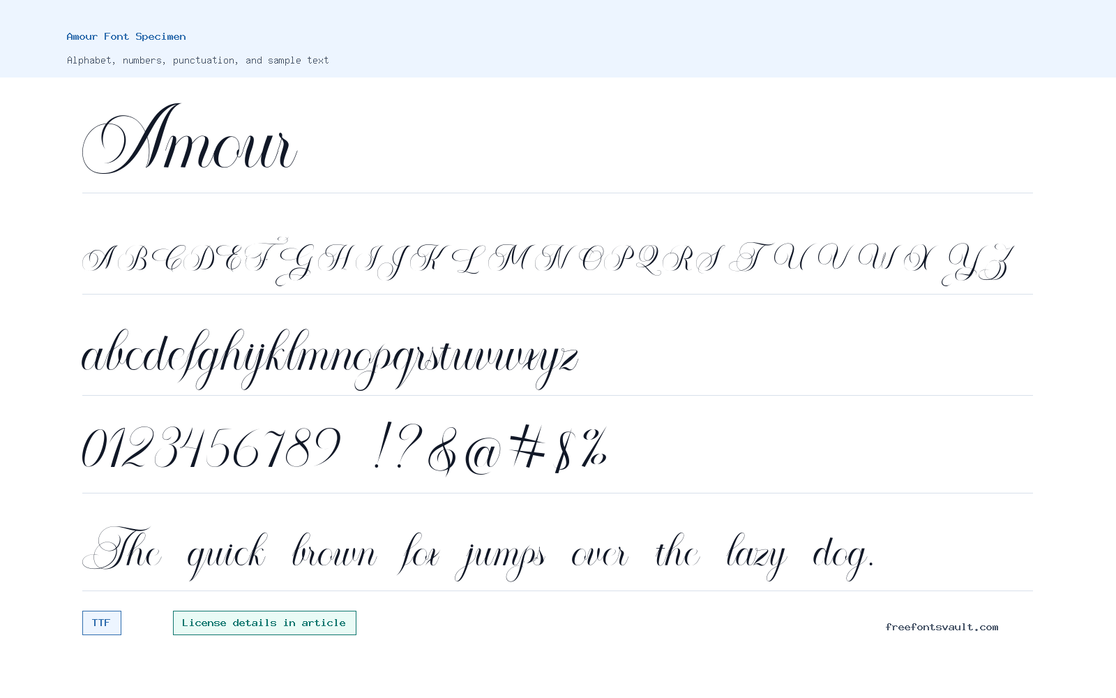 Amour font specimen showing alphabet, numbers, and sample text