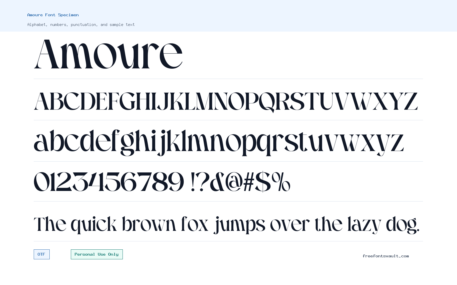 Amoure font specimen showing alphabet, numbers, and sample text