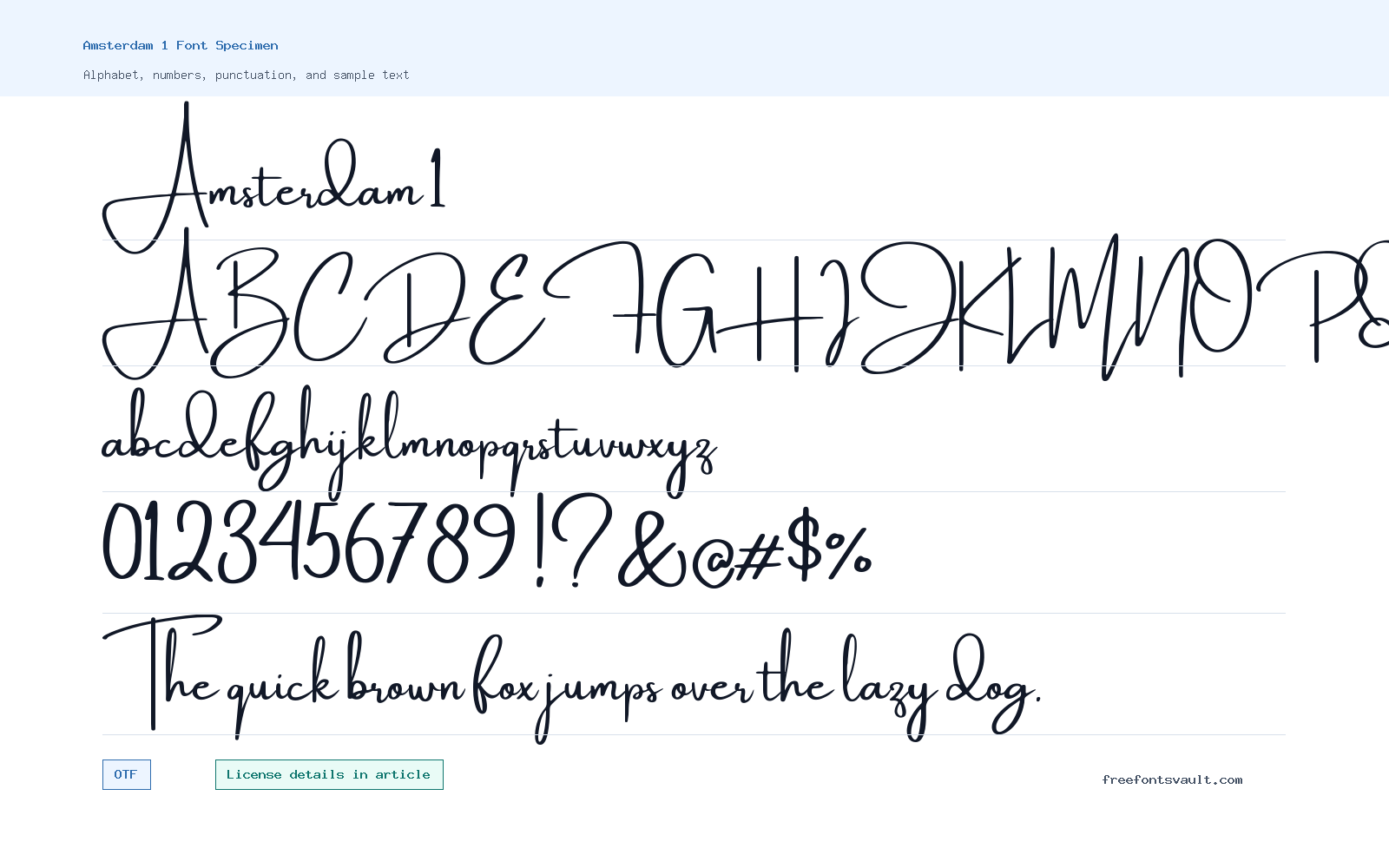 Amsterdam 1 font specimen showing alphabet, numbers, and sample text