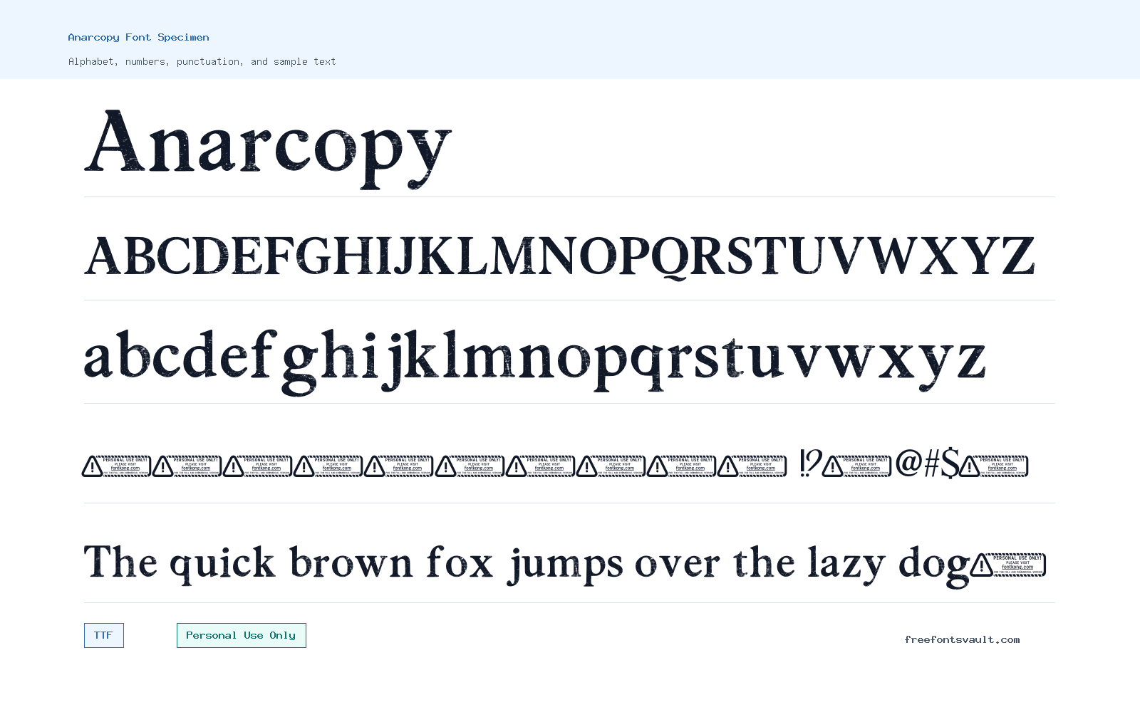Anarcopy font specimen showing alphabet, numbers, and sample text