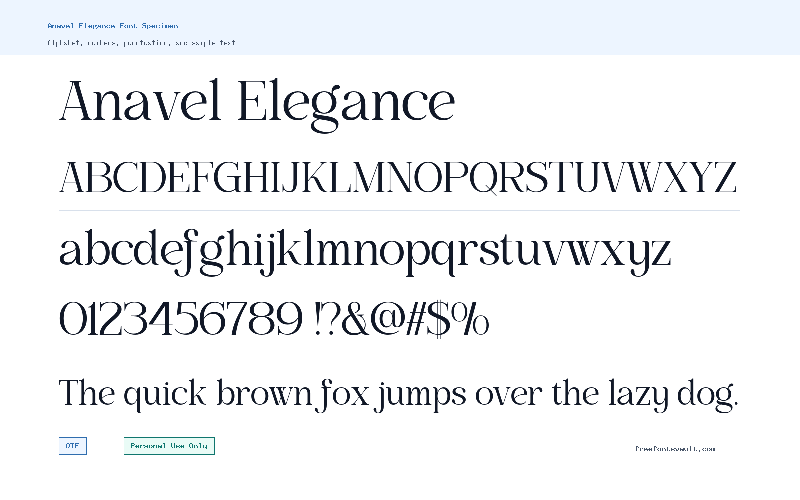 Anavel Elegance font specimen showing alphabet, numbers, and sample text